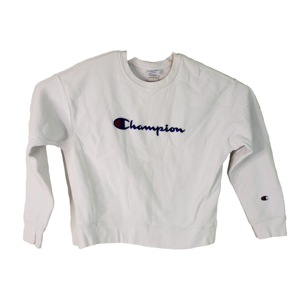Vintage 90s Champion Reverse Weave Sweatshirt White Embroidered Spellout Large